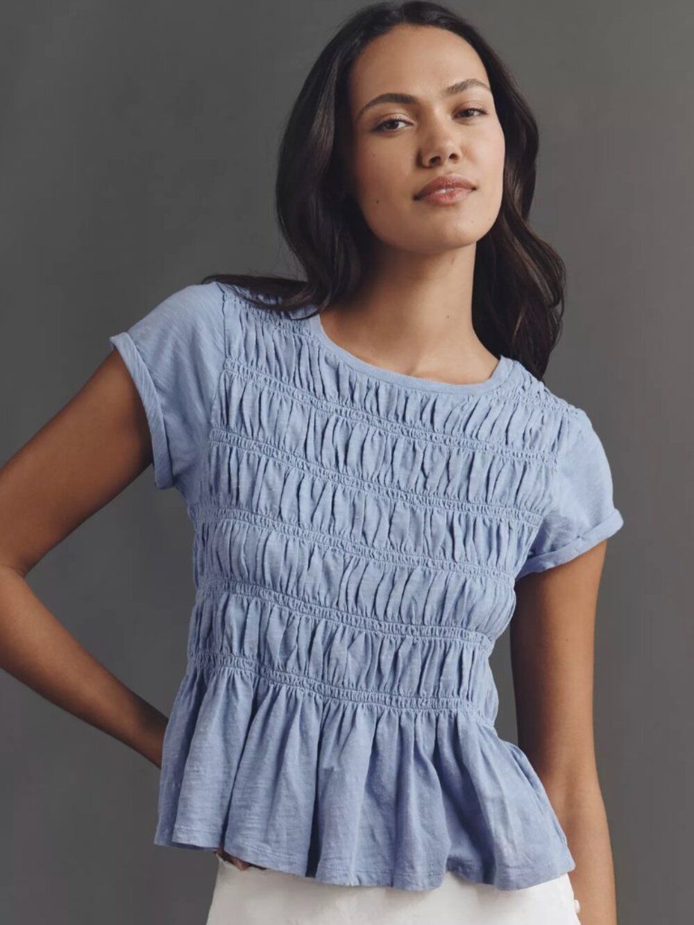 Pilcro Size Large Anthropologie Top Large NWT Blue Smocked Peplum Short Sleeve